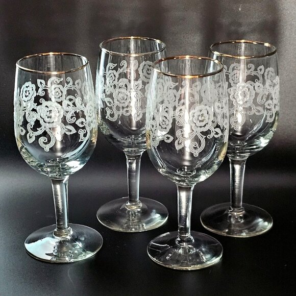 4 Libbey Rose Etching Wine Glasses 6" floral scrolls gold trim 1970s romantic el - Picture 1 of 8